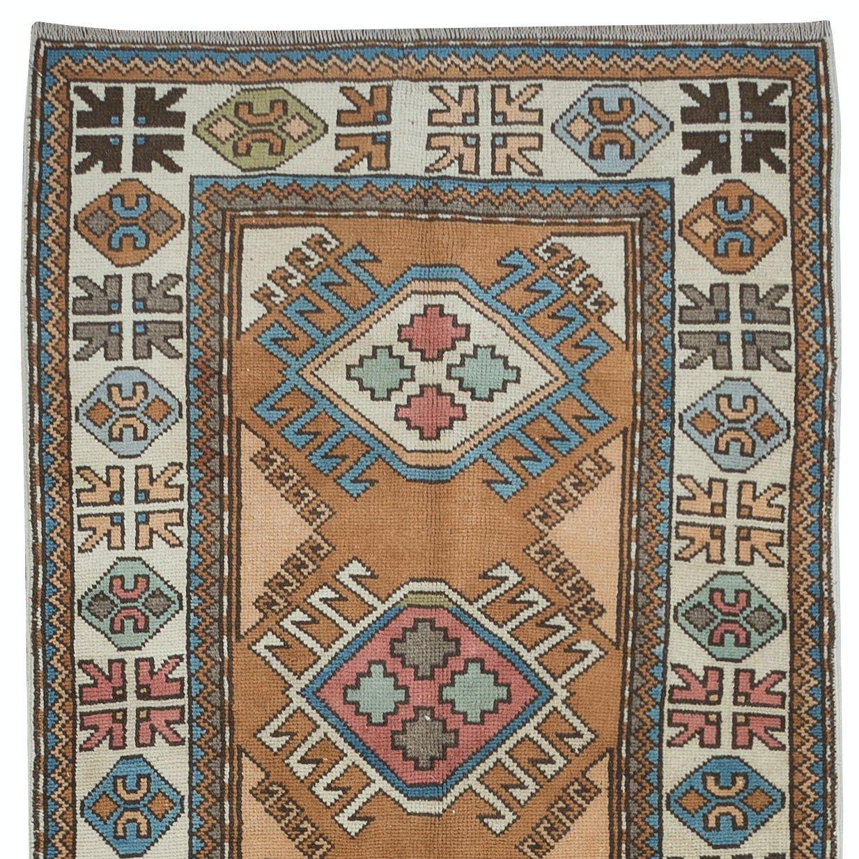 Hand-Knotted 3.5x13.4 Ft Hand Knotted Turkish Corridor Carpet, Ca 1960, Narrow Hallway Runner For Sale