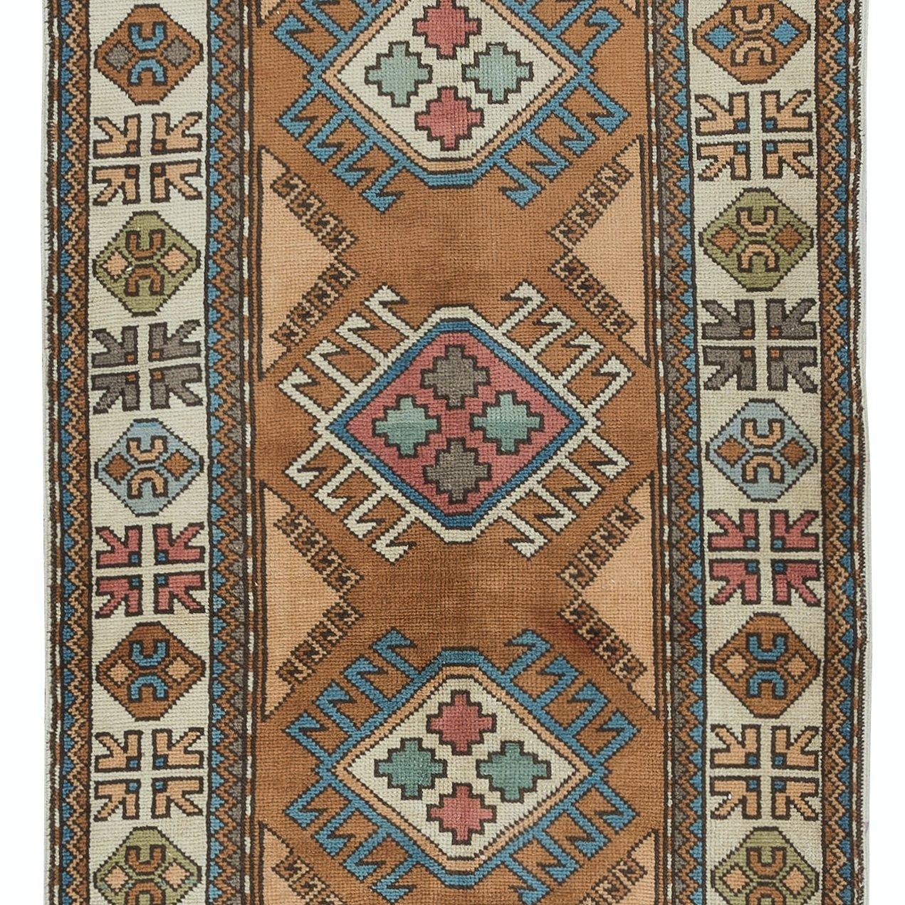 3.5x13.4 Ft Hand Knotted Turkish Corridor Carpet, Ca 1960, Narrow Hallway Runner In Good Condition For Sale In Philadelphia, PA