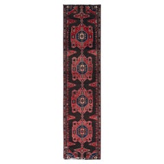 3'5"x15'1" Red Vintage Persian Hamadan Hand Knotted Pure Wool Clean Runner Rug