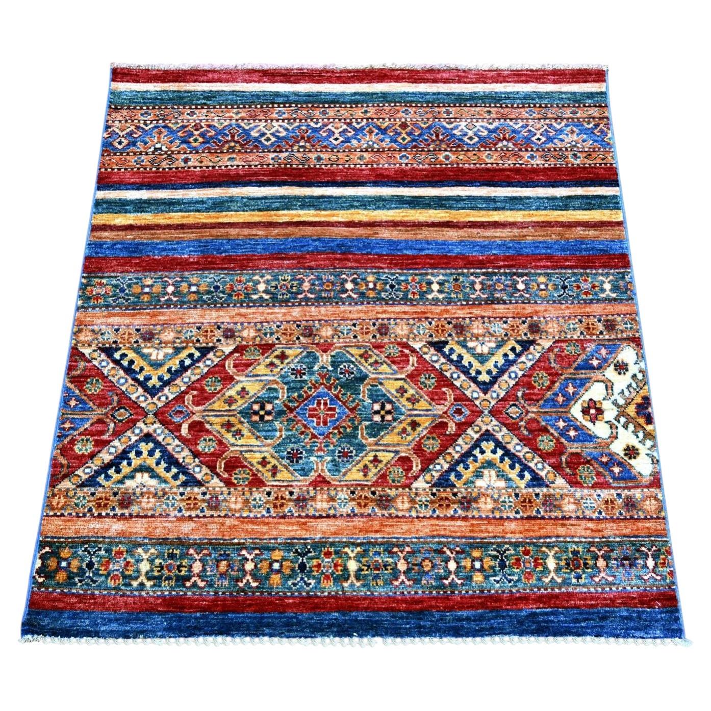 3'5"x3'7" Colorful Afghan Super Kazak Khorjin Design Natural Wool Sqaure Rug