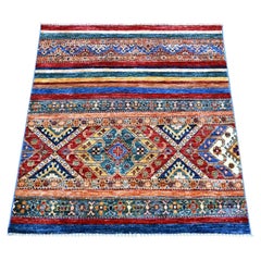 3'5"x3'7" Colorful Afghan Super Kazak Khorjin Design Natural Wool Sqaure Rug