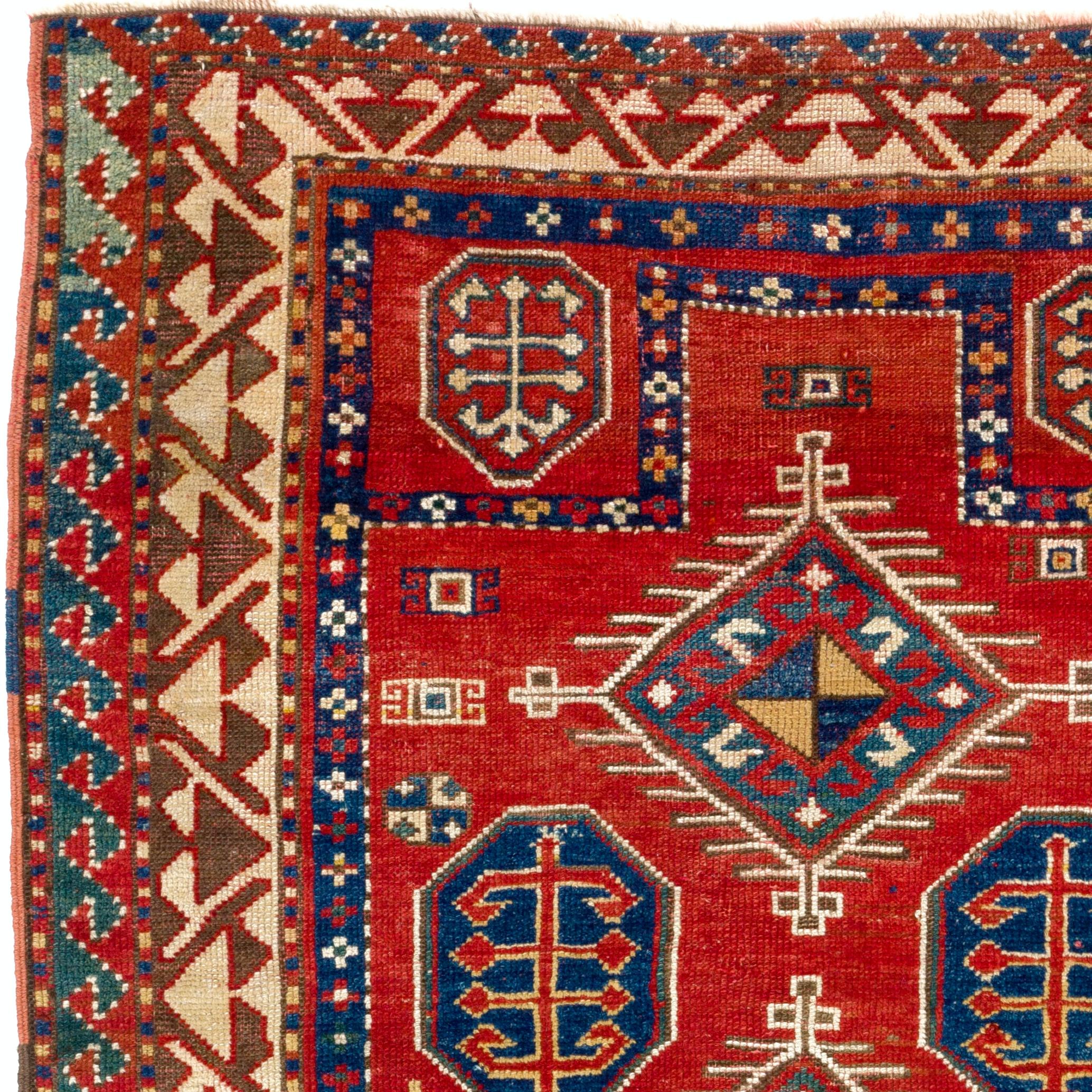 Antique Caucasian Borchalo Kazak Prayer rug. 
Finely hand-knotted with even medium wool pile on wool foundation. 
Very good condition. Sturdy and as clean as a brand new rug (deep washed professionally). 
Size: 3.5 x 3.9 ft.