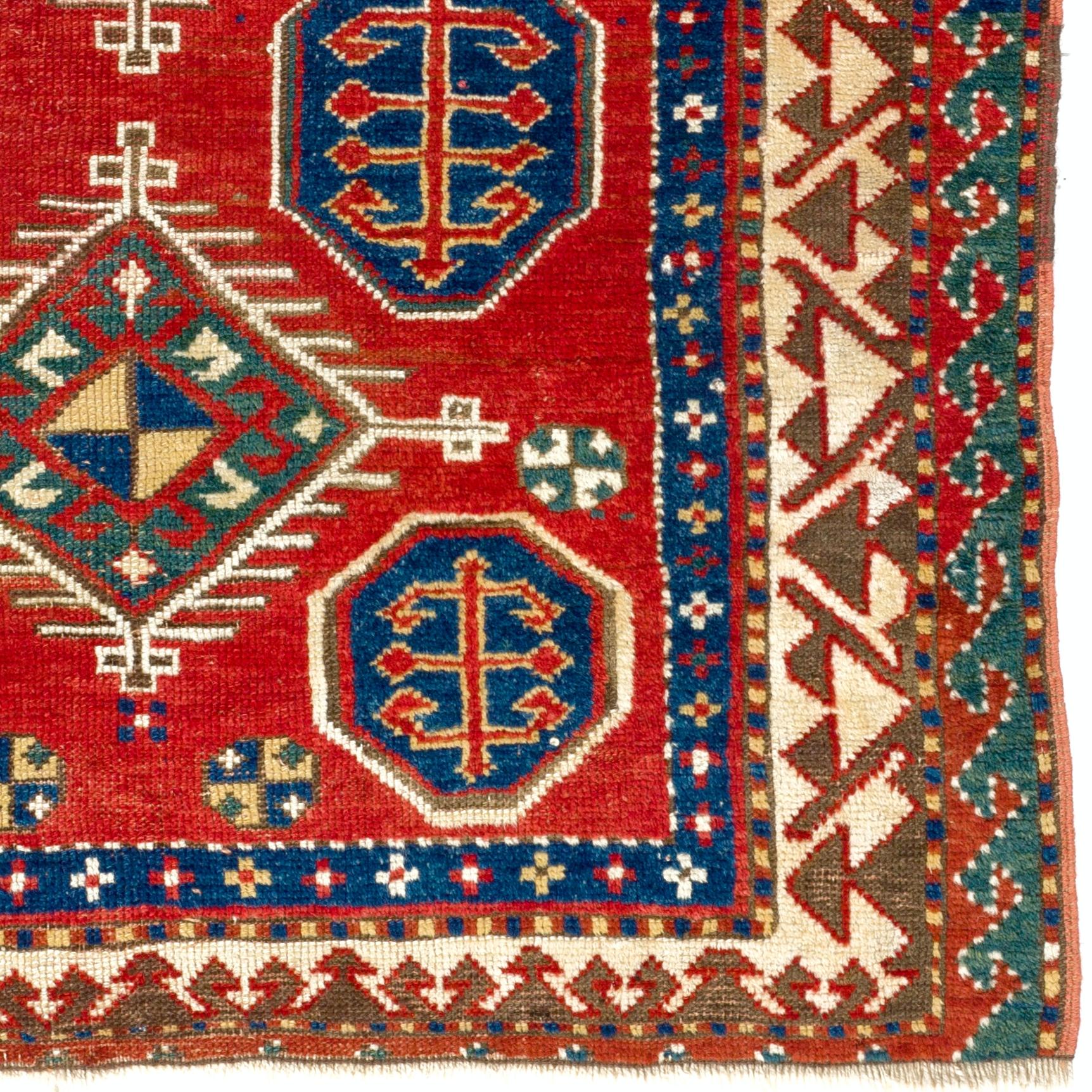 Seltener antiker kaukasischer Borchalo Kazak-Gebetteppich 3,5x3.9 Ft, ca. 1875 (Handgeknüpft) im Angebot