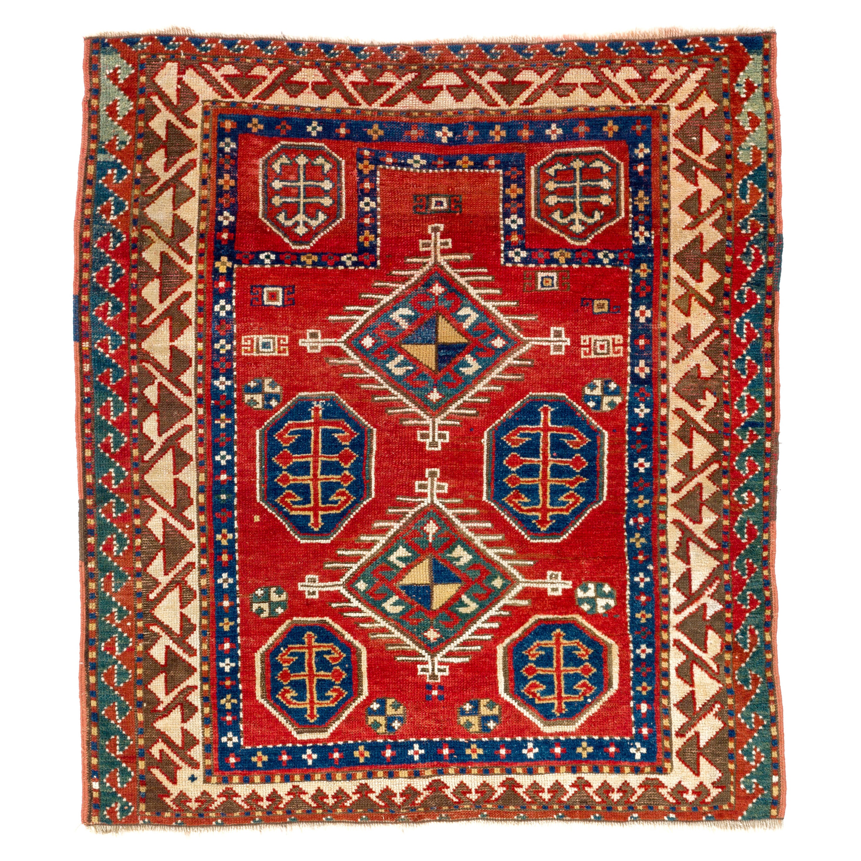 Seltener antiker kaukasischer Borchalo Kazak-Gebetteppich 3,5x3.9 Ft, ca. 1875