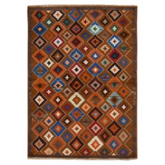 Tapis afghan baloutche marron de 3'5" x 4'10", à motifs géométriques, noué à la main en pure laine