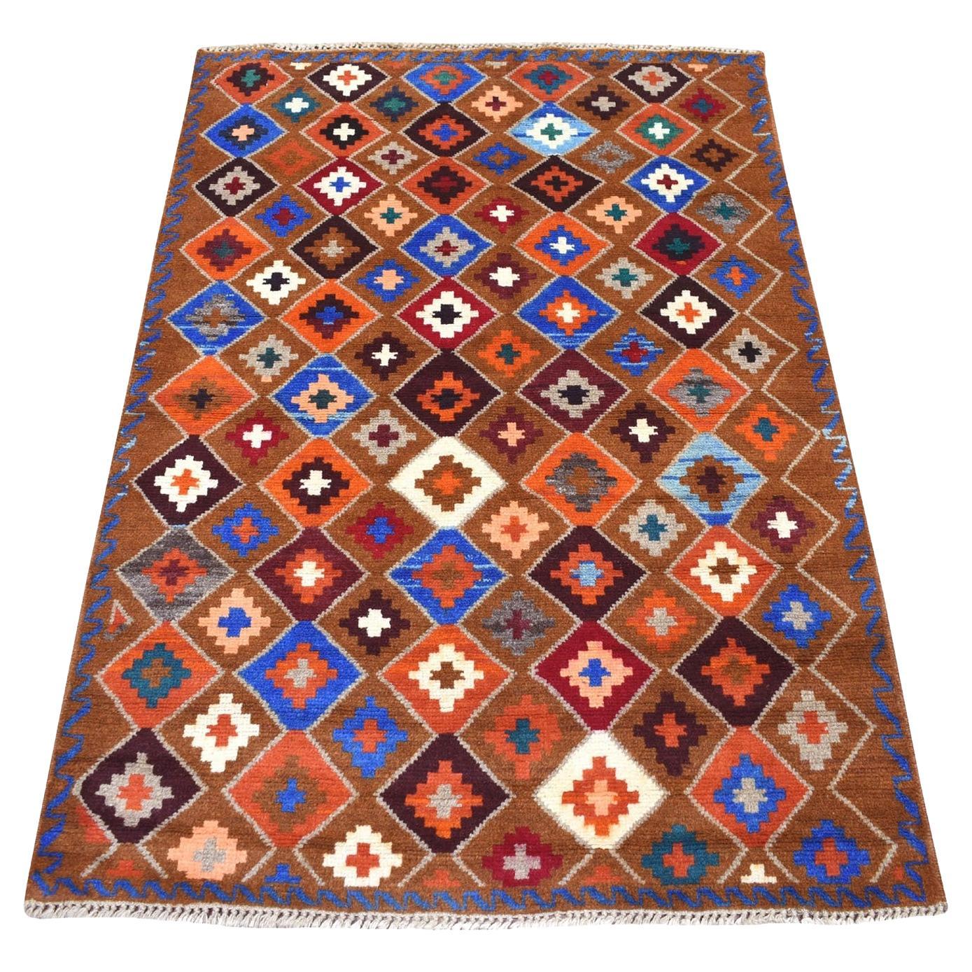 3
5"x4
10" Brown Geometric Design Colorful Afghan Baluch Wool Hand Knotted Rug