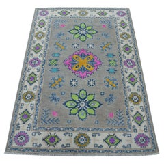 3'5"x4'10" Colorful Gray Fusion Kazak Geometric Design Hand Knotted Wool Rug