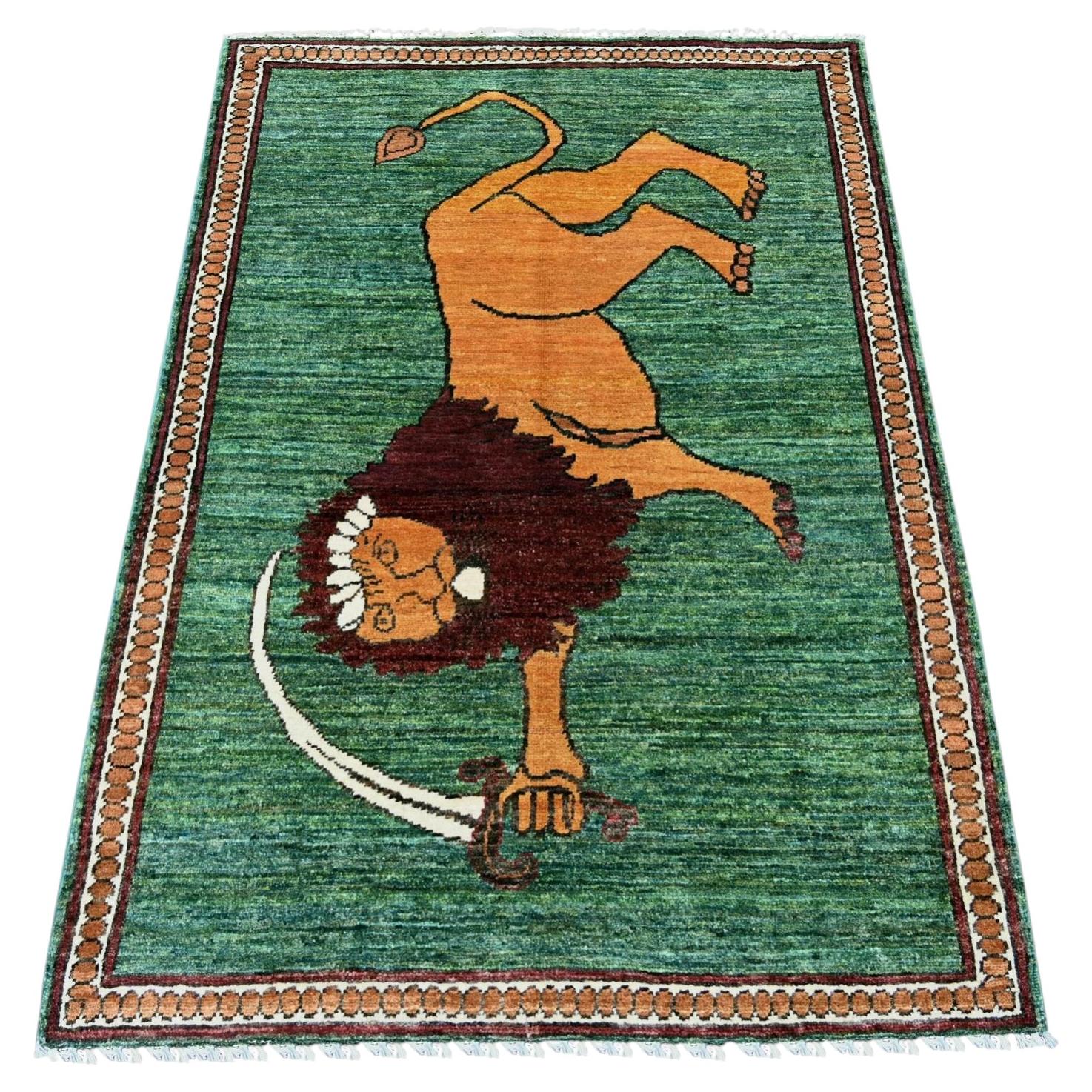 3'5"x4'10" Hunter Green Wool Afghan Super Kazak Lion Design Hand Knotted Rug For Sale