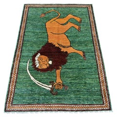 3'5"x4'10" Hunter Green Wool Afghan Super Kazak Lion Design Hand Knotted Rug