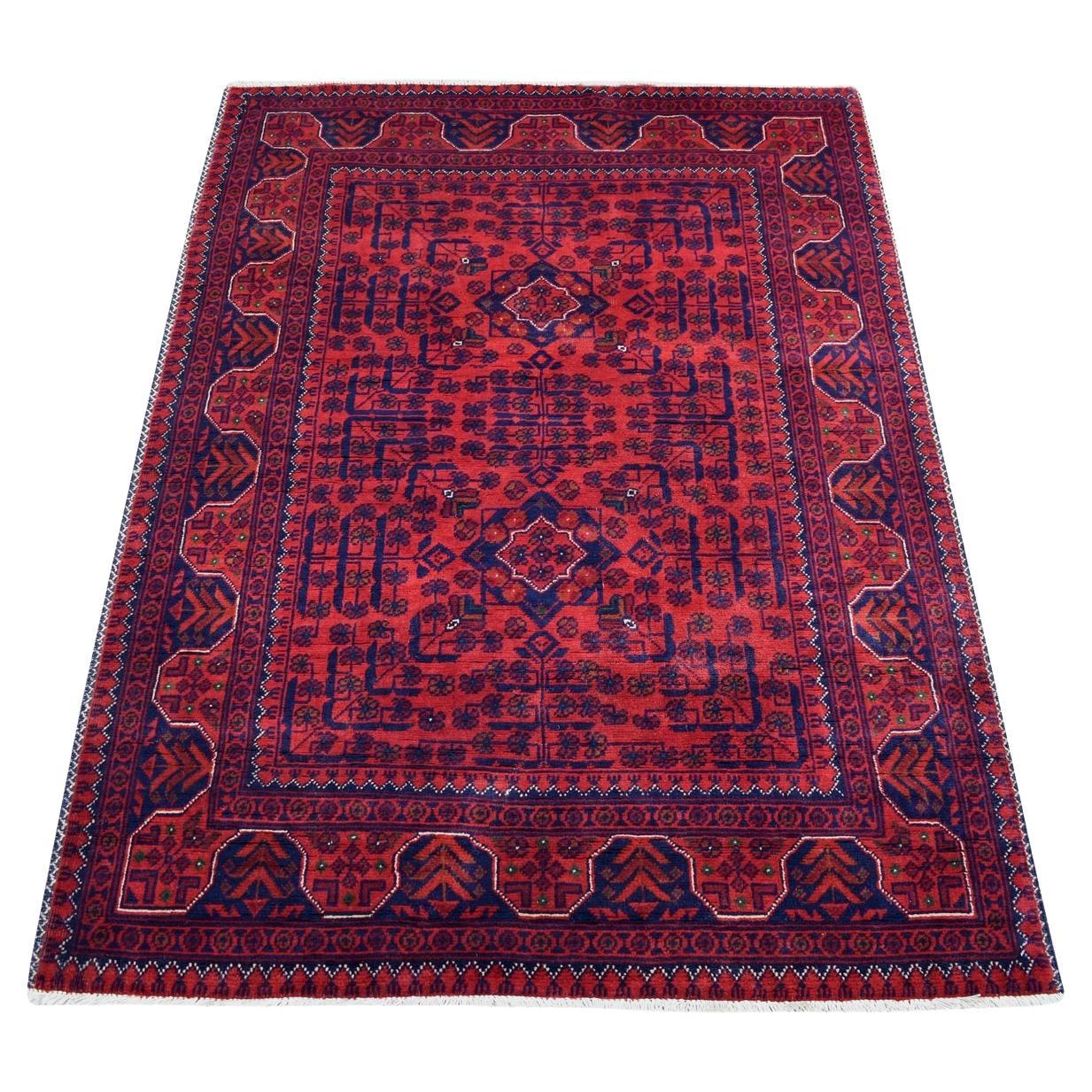 3'5"x4'10" Saturated Red Afghan Khamyab All Over Design Hand Knotted Wool Rug