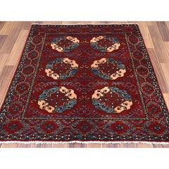 3'5"x4'4" Pure Wool Red Afghan Ersari with Elephant Feet Design Hand Knotted Rug