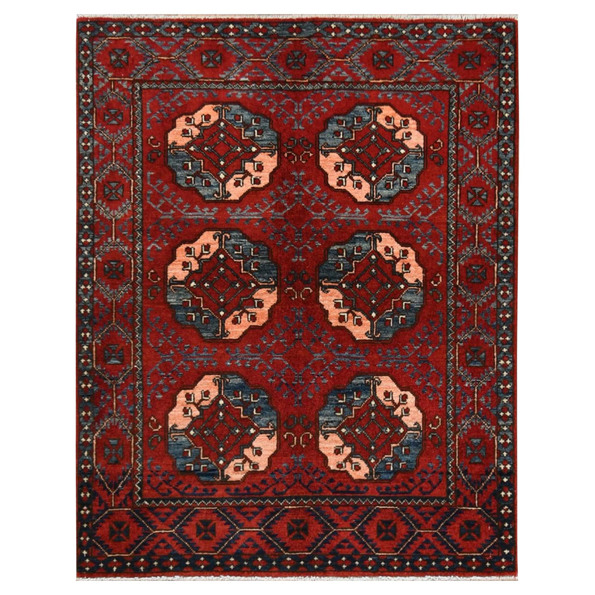 3'5"x4'4" Pure Wool Red Afghan Ersari with Elephant Feet Design Hand Knotted Rug