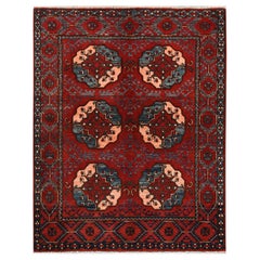 3'5"x4'4" Pure Wool Red Afghan Ersari with Elephant Feet Design Hand Knotted Rug