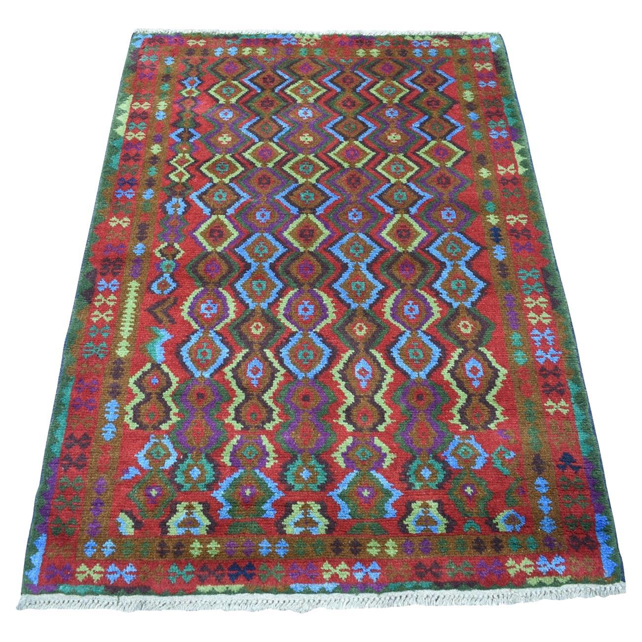 3
5"x4
8" Purple Geometric Design Colorful Afghan Baluch Wool Hand Knotted Rug For Sale