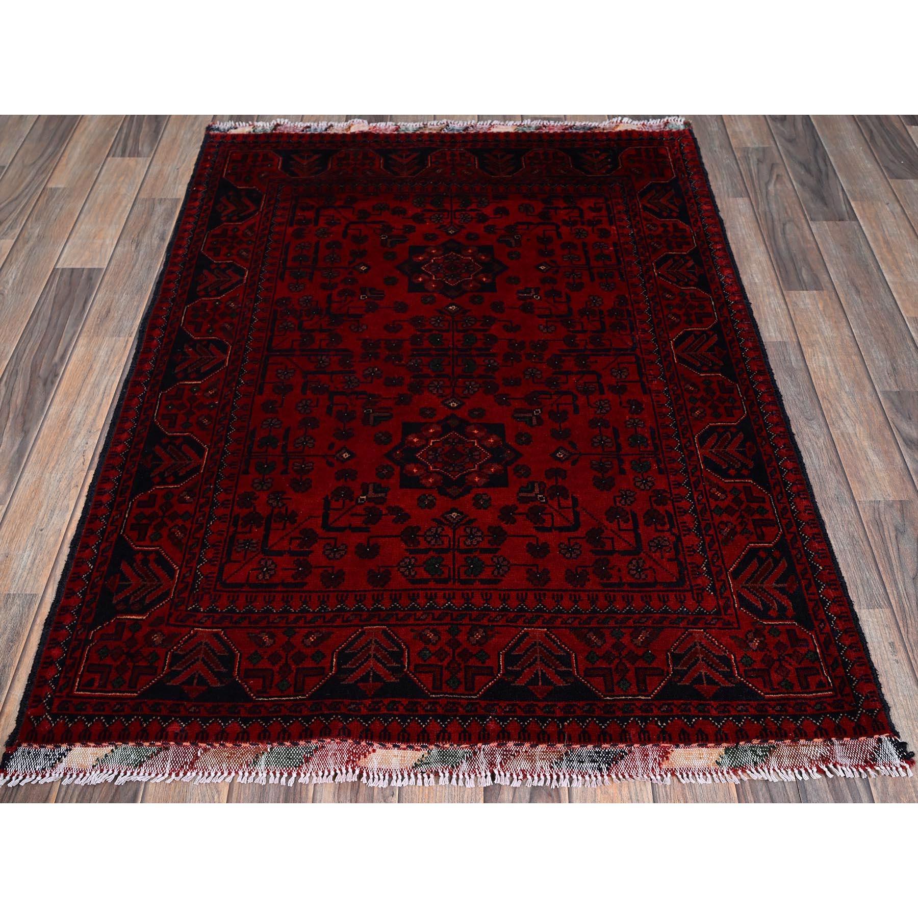 Berry Red, Afghan Khamyab with Geometric Pattern, Soft and Velvety Wool, Hand Knotted, Vegetable Dyes, Oriental Rug
Primary materials: Wool
Latex: No Pile 
height: 0.25 Inches
Style: Traditional
Primary color: Red
Secondary colors: Midnight Blue,