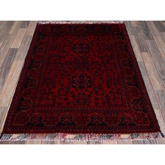 3'5"x4'9" Red Afghan Khamyab with Geometric Pattern Soft Wool Hand Knotted Rug