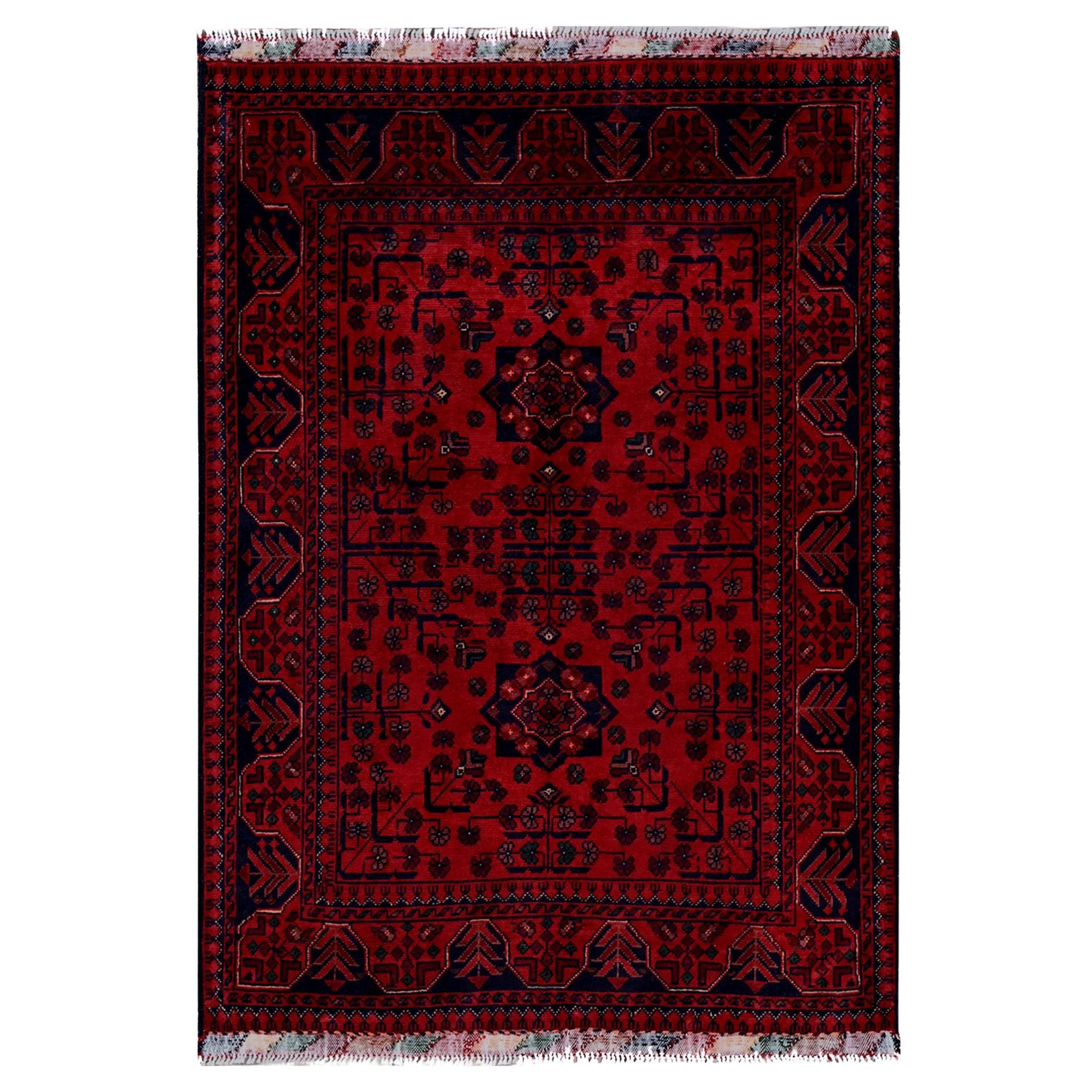 3
5"x4
9" Red Afghan Khamyab with Geometric Pattern Soft Wool Hand Knotted Rug