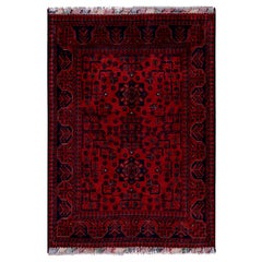 3
5"x4
9" Red Afghan Khamyab with Geometric Pattern Soft Wool Hand Knotted Rug