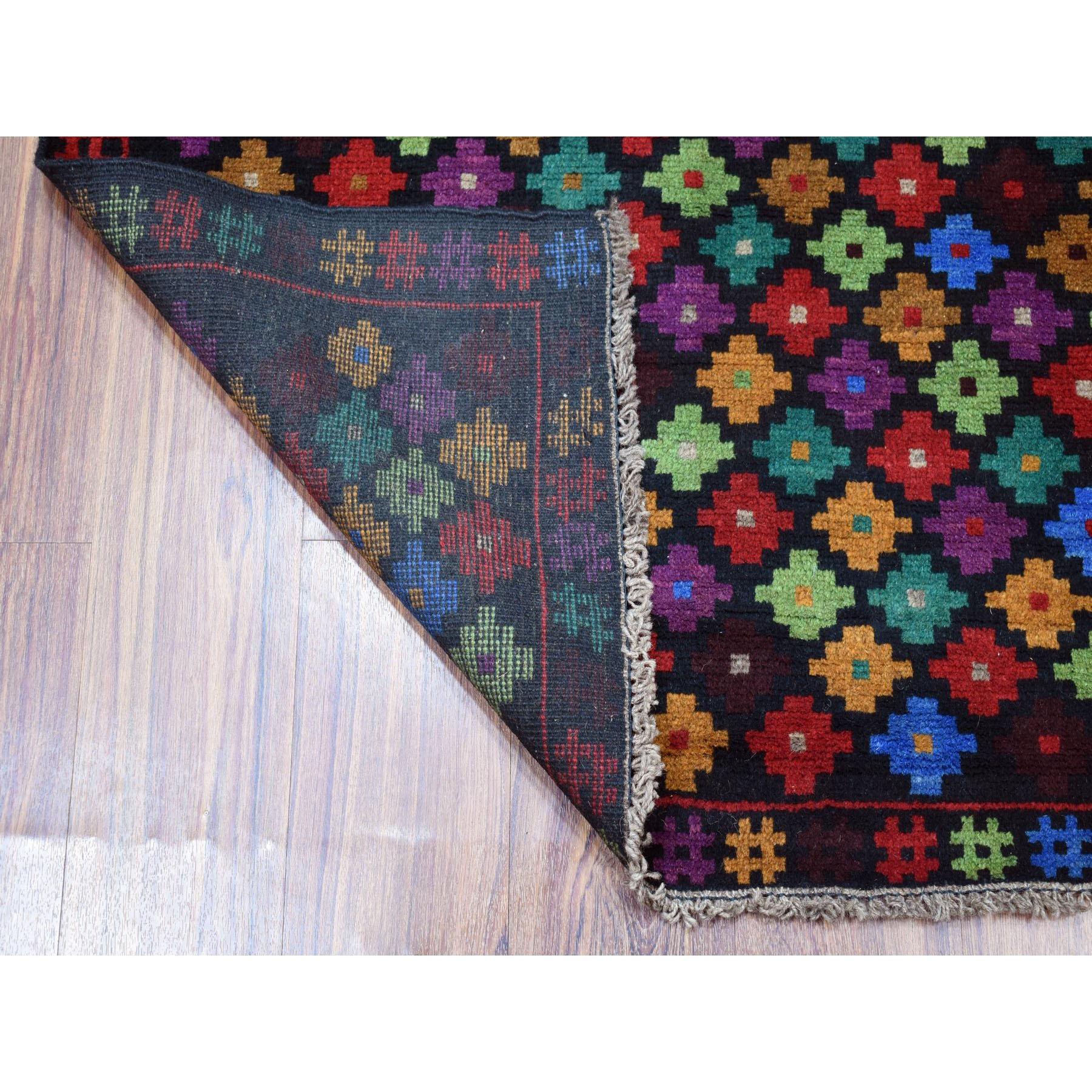 This is a truly genuine one-of-a-kind Colorful Afghan Baluch All Over Design Natural Dyes Hand Knotted Pure Wool Oriental Rug. It has been woven for months and months in the centuries-old Persian weaving craftsmanship techniques by expert