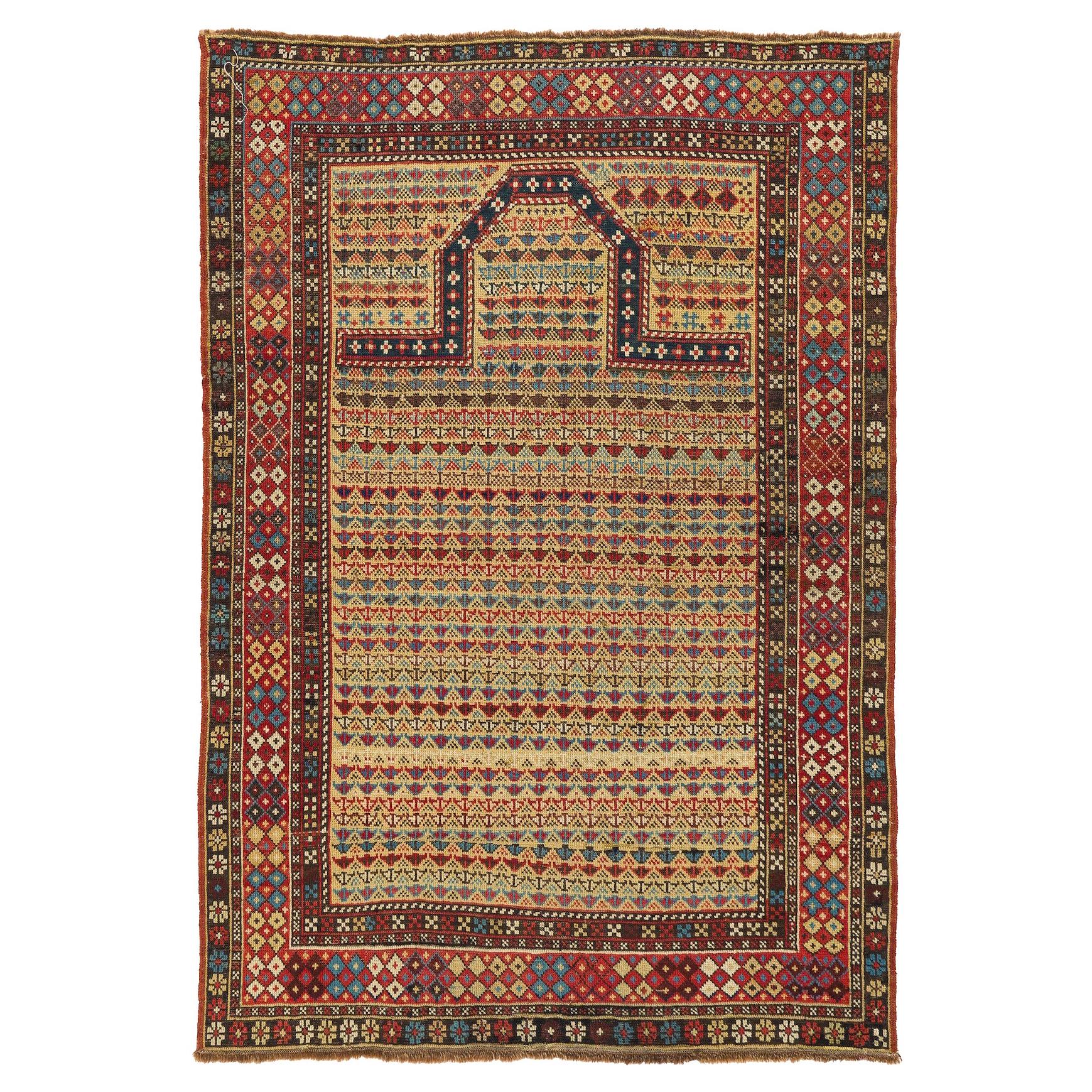 3.5x5 Ft Antique Caucasian Shirvan Prayer Rug, Rare Yellow Ground. Ca