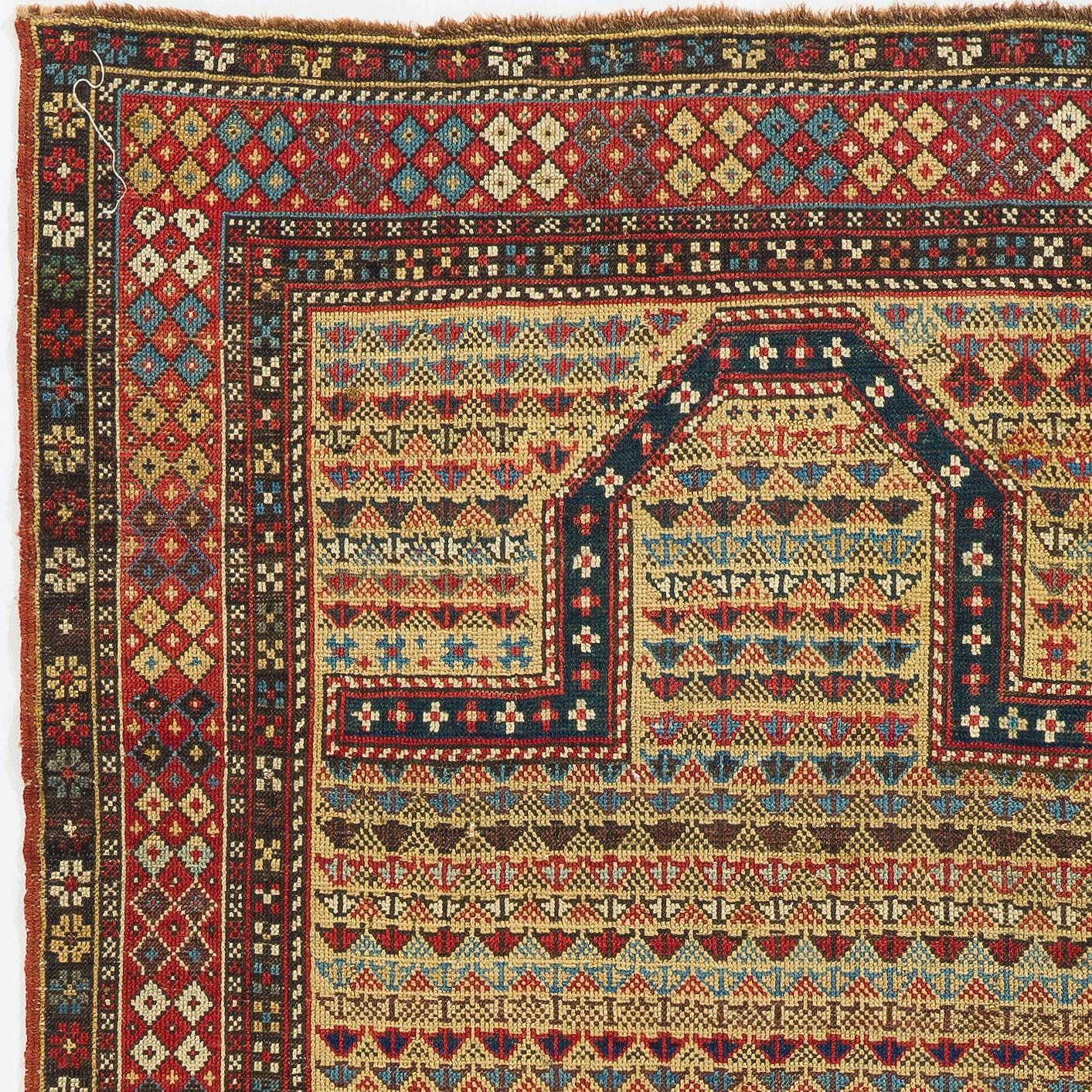 Antique Caucasian Shirvan prayer rug. Rare yellow ground, Ca 1875. Finely hand-knotted with even medium wool pile on wool foundation. Very good condition. Sturdy and as clean as a brand new rug (deep washed professionally Measures: 3.5 x 5 Ft.