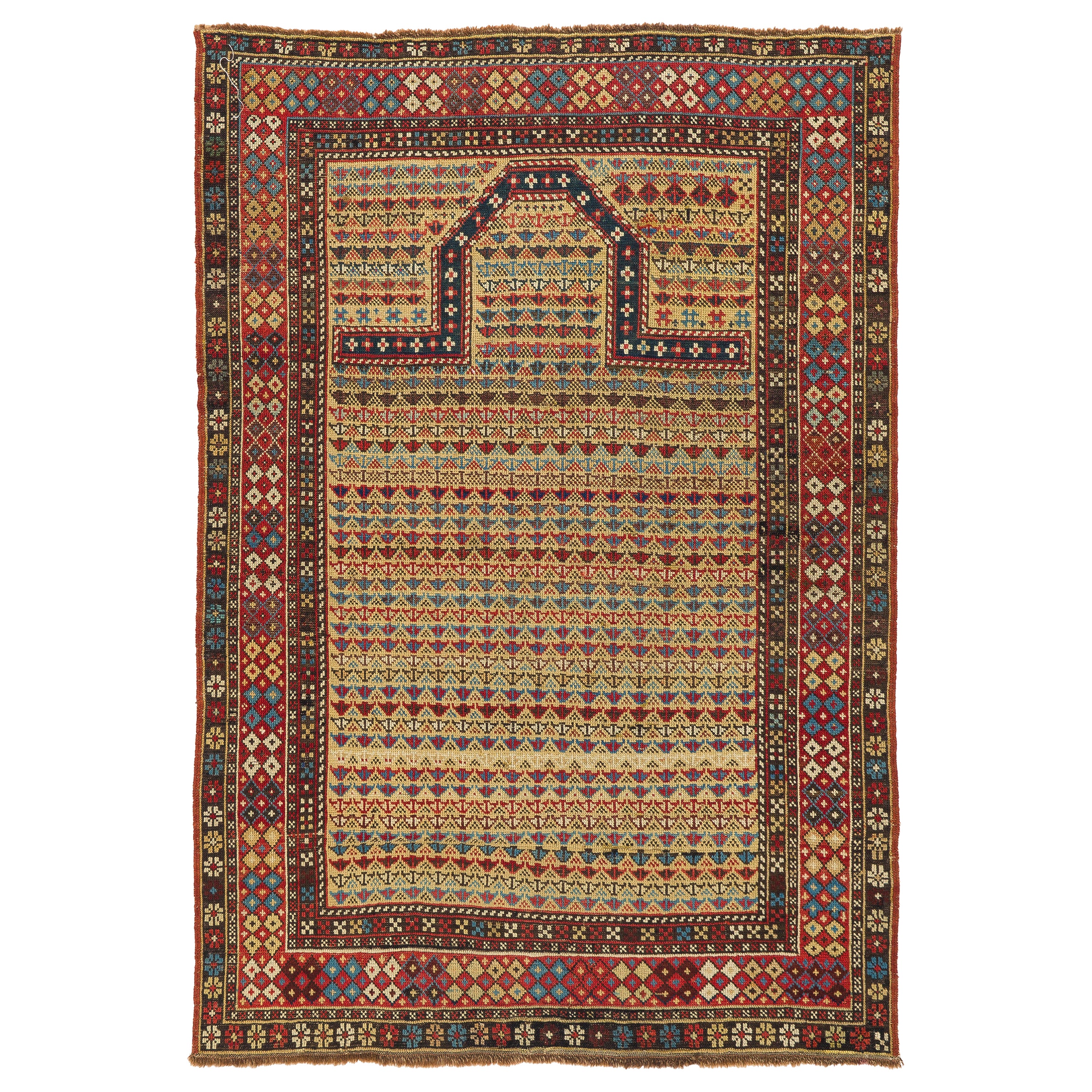 Antiker kaukasischer Shirvan-Gebetteppich mit 3,5x5 Fuß, seltener gelber Grundierung. CIRCA 1875 im Angebot