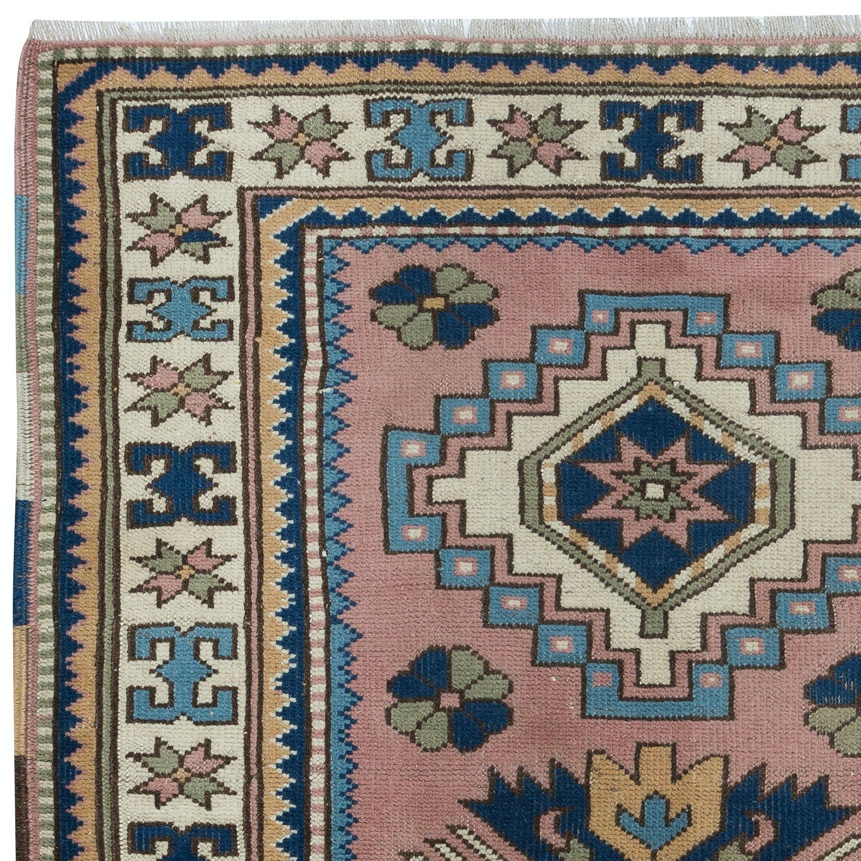 Hand-Knotted 3.5x5 Ft One of a Kind Vintage Handmade Turkish Geometric Accent Rug, 100% Wool For Sale