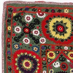 3.5x5 ft Silk Embroidery Wall Hanging in Forest Green. Floral Suzani Tablecloth