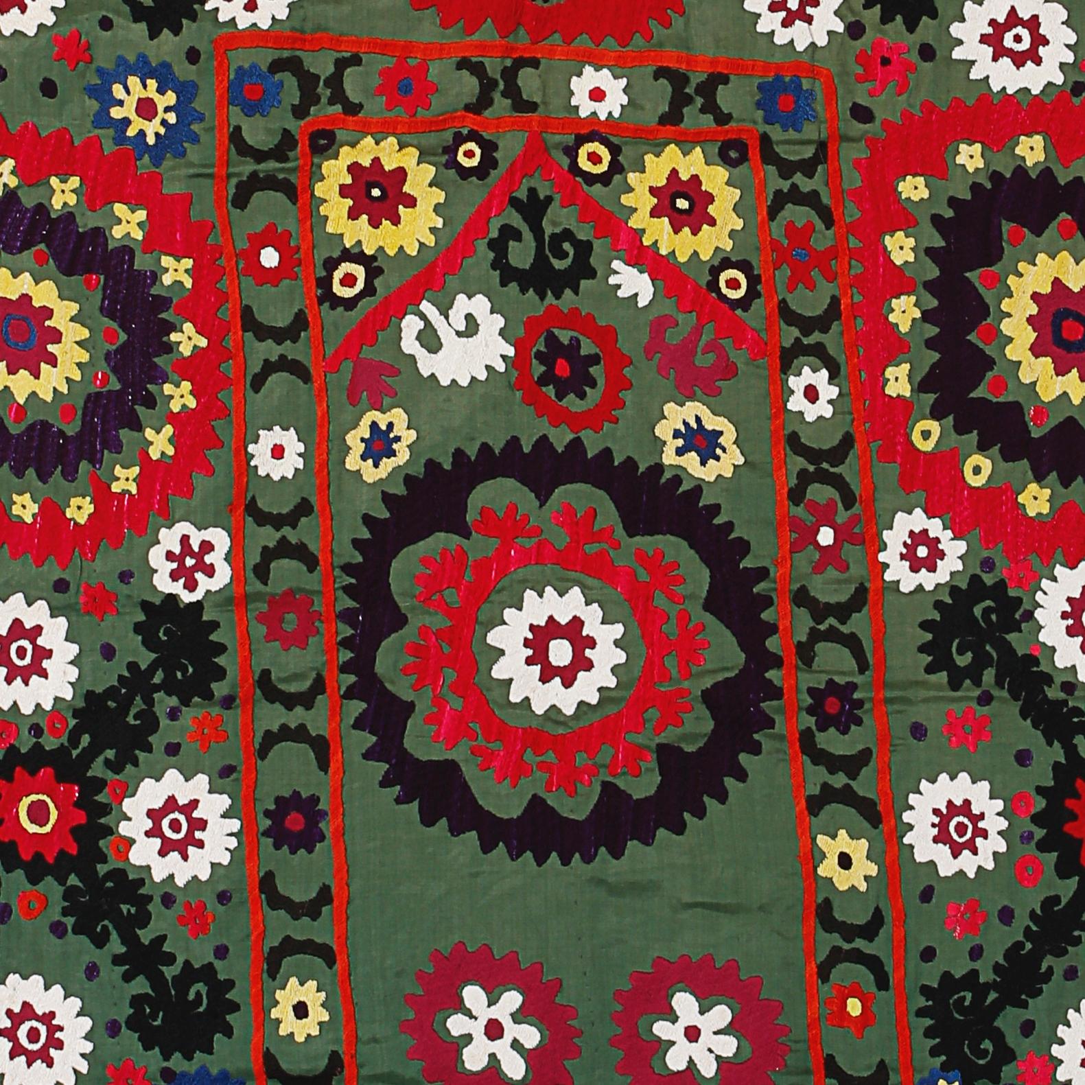 Uzbek 3.5x5 ft Silk Embroidery Wall Hanging in Forest Green, Floral Suzani Tablecloth For Sale