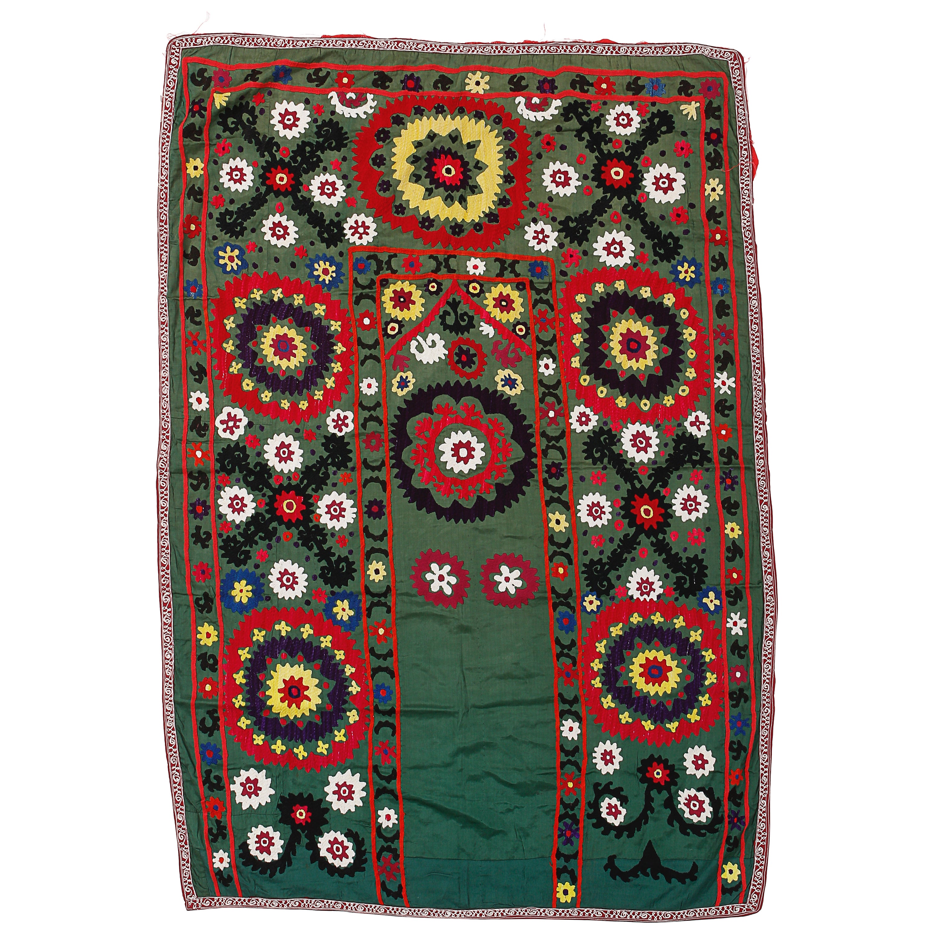 Wandbehang aus 3,5x5 Fuß Seide mit Stickerei in Waldgrün. Tischtuch Floral Suzani
