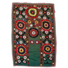 3.5x5 ft Silk Embroidery Wall Hanging in Forest Green. Floral Suzani Tablecloth