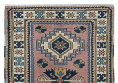 3.5x5 Ft Vintage Hand-Knotted Rug – Dusty Pink, Blue and Ivory Wool Accent Rug