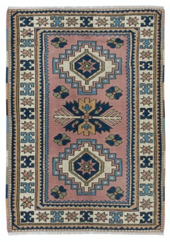 3.5x5 Ft Vintage Hand-Knotted Rug – Dusty Pink, Blue and Ivory Wool Accent Rug