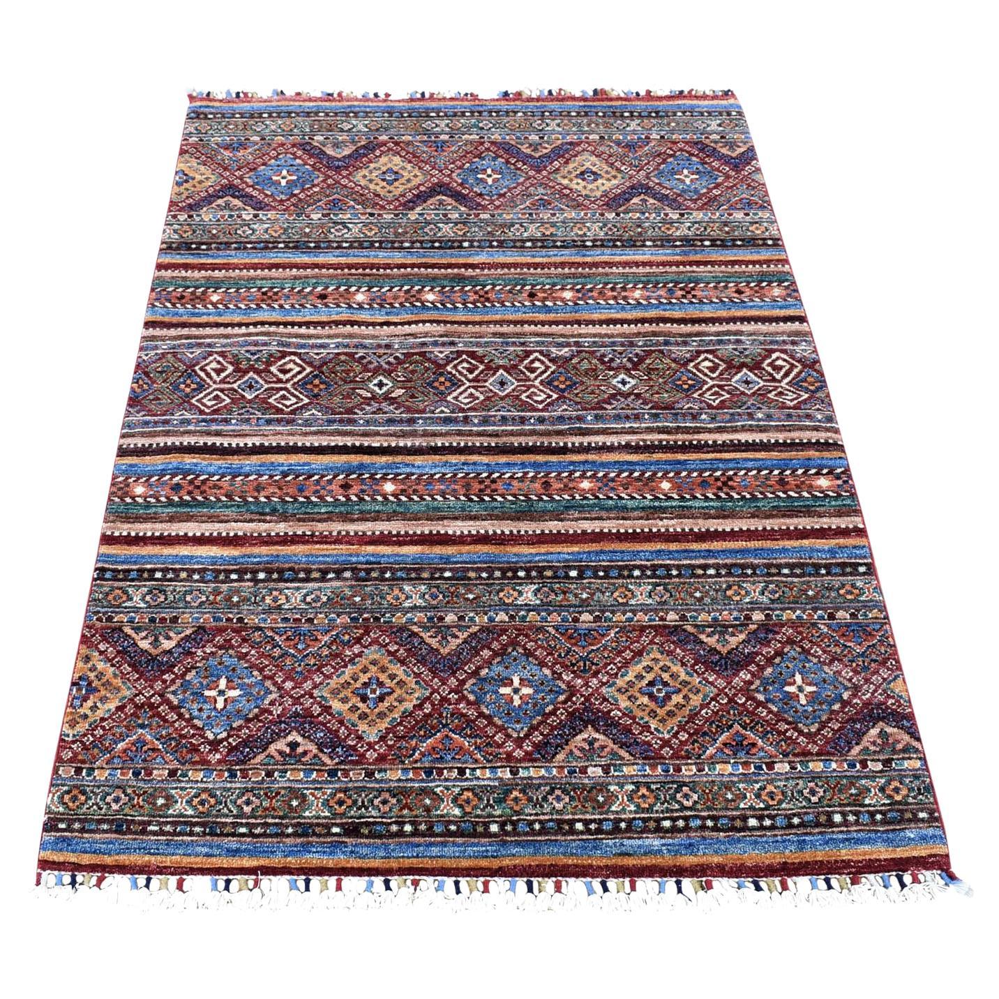 3'5 "x5' Rojo Intenso, Anudada a Mano en Pura Lana, Alfombra Oriental Afgana Super Kazak en venta