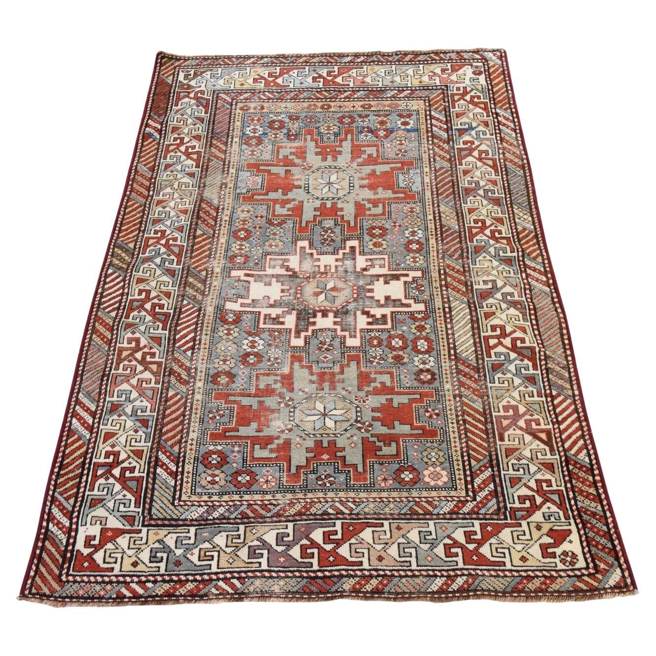 3
5 "x5
1" Gris Niebla Antiguo Caucásico Lesghi Limpia Alfombra de Lana Pura Anudada a Mano en venta