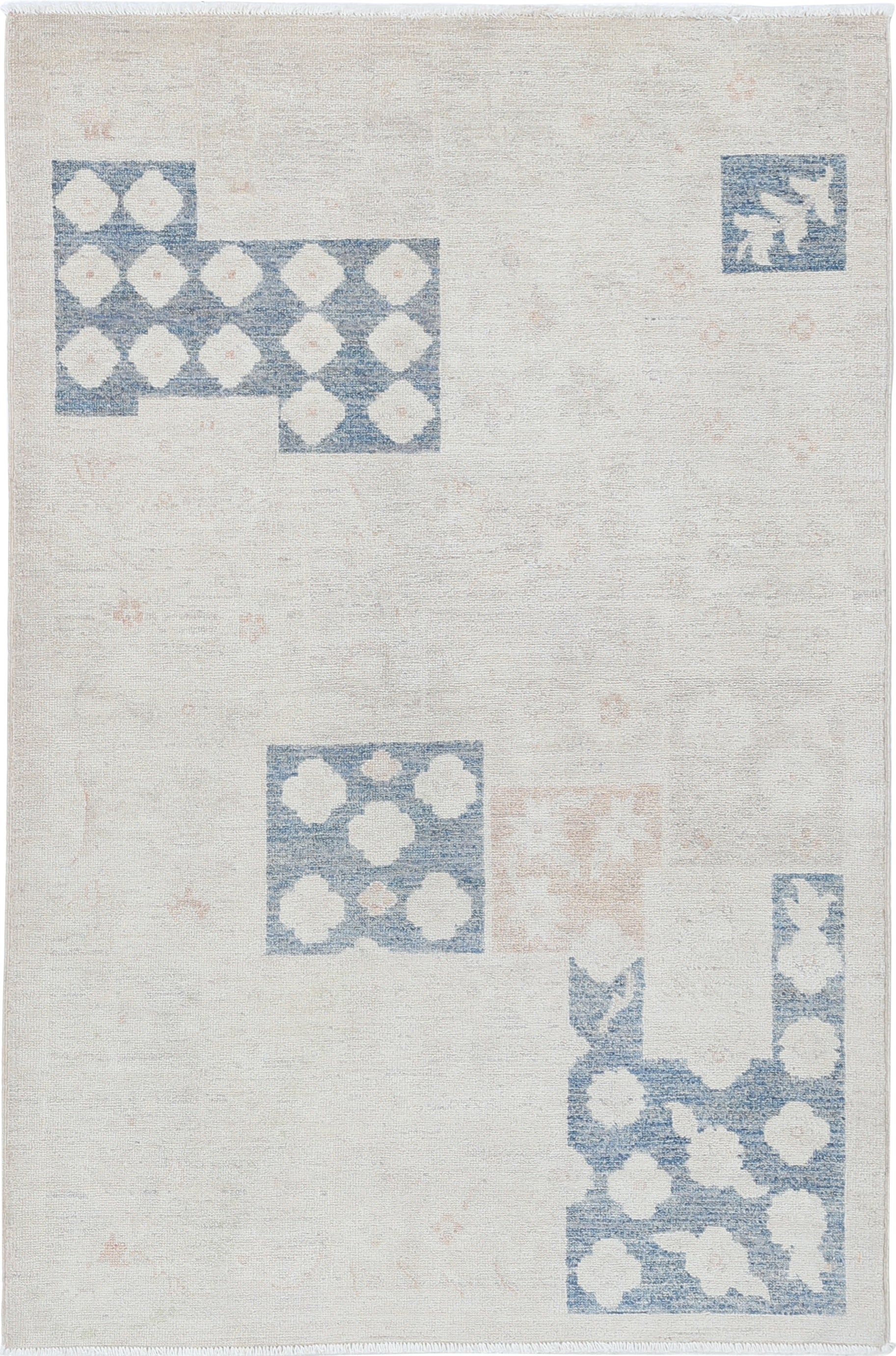 3.5x5.2 ft Hand Knotted Ivory, Blue, Blush Wool Accent Rug with Geometric Design For Sale