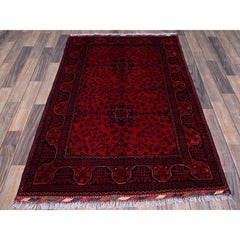 3'5"x5'2" Red Hand Knotted Afghan Khamyab Tribal Design Hand Knotted Wool Rug
