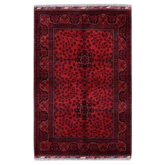 3'5"x5'2" Red Hand Knotted Afghan Khamyab Tribal Design Hand Knotted Wool Rug