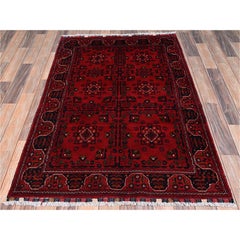 3'5"x5'3" Red Afghan Andkhoy with Tribal Motif Soft Wool Hand Knotted Rug