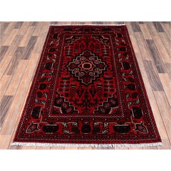 3'5"x5'5" Red Afghan Andkhoy with Geometric Medallion Hand Knotted Soft Wool Rug