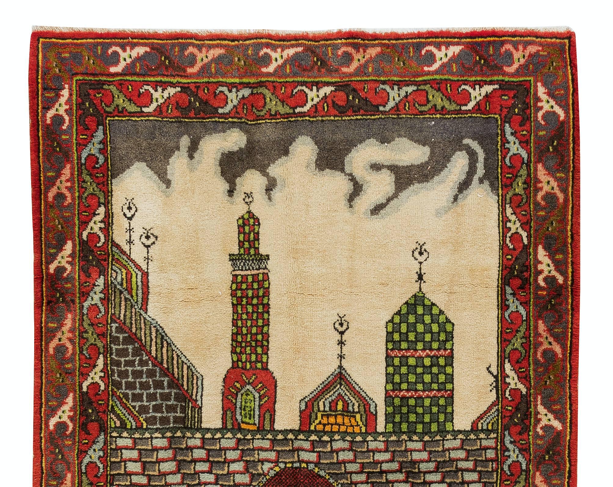 Turc 3.5x5.7 Ft Tapis de prière vintage fait à la main, tapis turc à motif de mosquée en vente