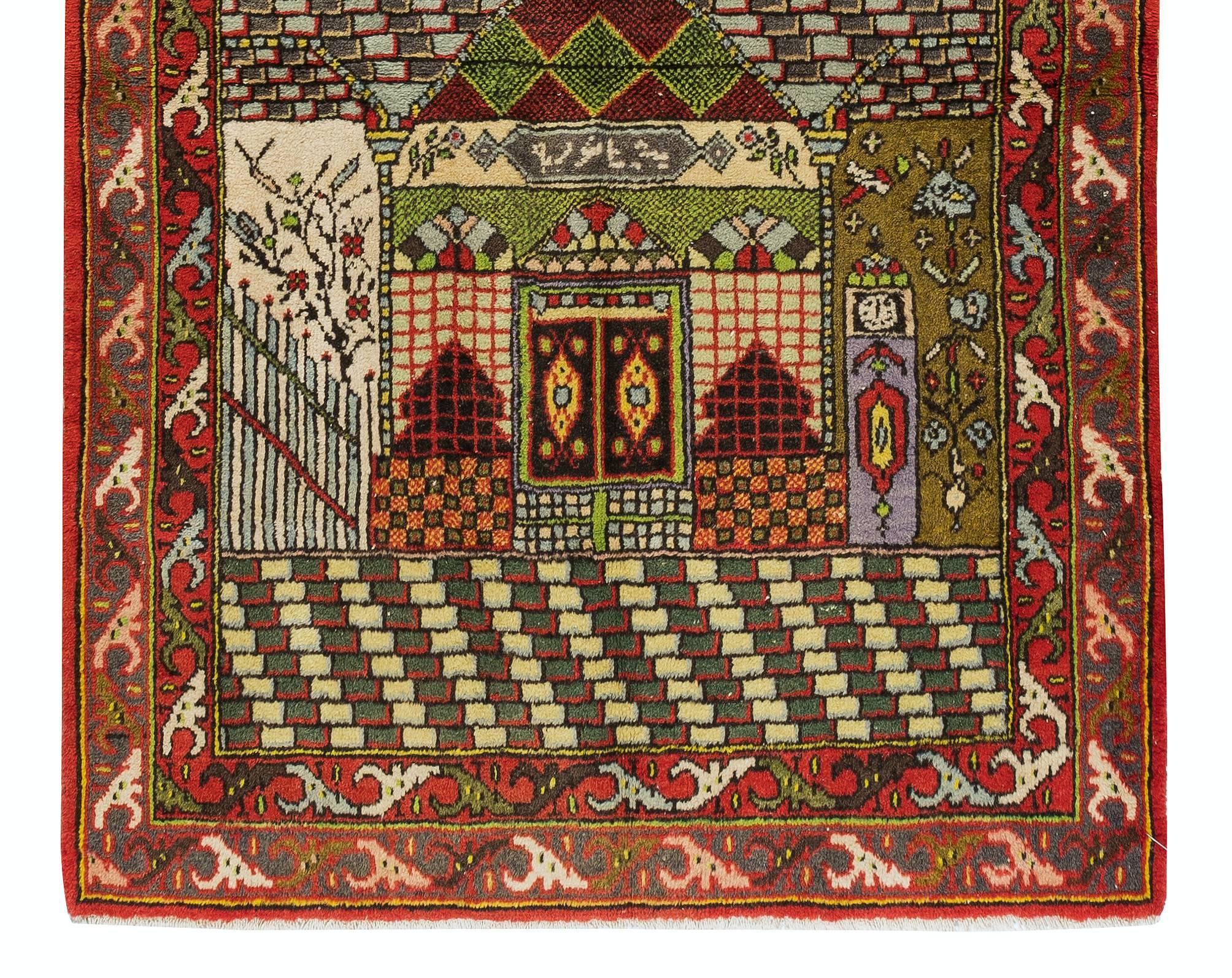 Noué à la main 3.5x5.7 Ft Tapis de prière vintage fait à la main, tapis turc à motif de mosquée en vente