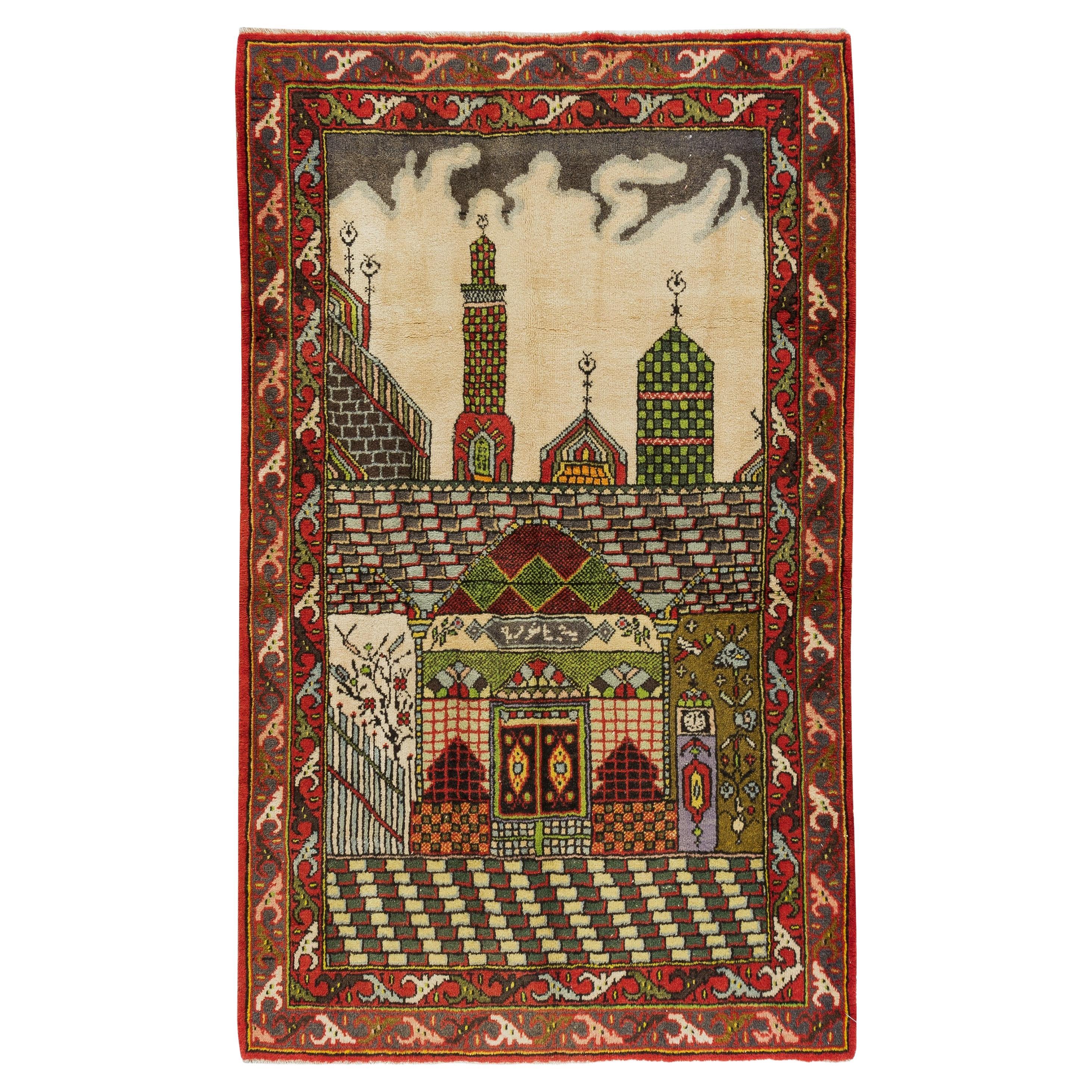 3.5x5.7 Ft Tapis de prière vintage fait à la main, tapis turc à motif de mosquée en vente