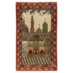 Handgefertigter türkischer 3,5x5.7 Ft Einzigartiger Vintage-Gebetteppich mit Moskenmuster