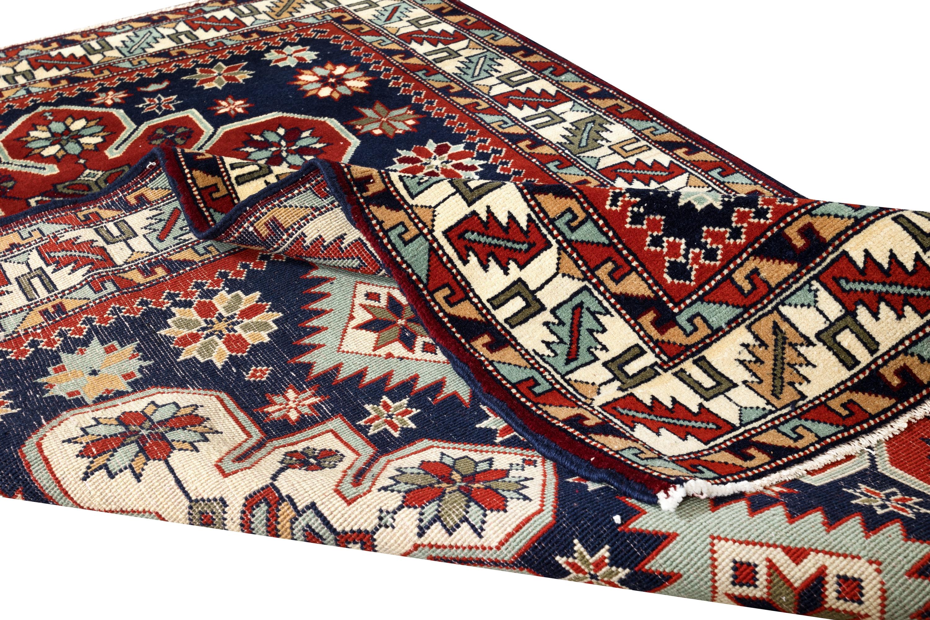 A hand-knotted Turkish rug.

This rug has even medium wool pile on wool foundation.

It is made of premium hand-spun sheep and natural dyes, ie. plant based non chemical dyes making it sought after, rare and special. 

The colors are fast, so as