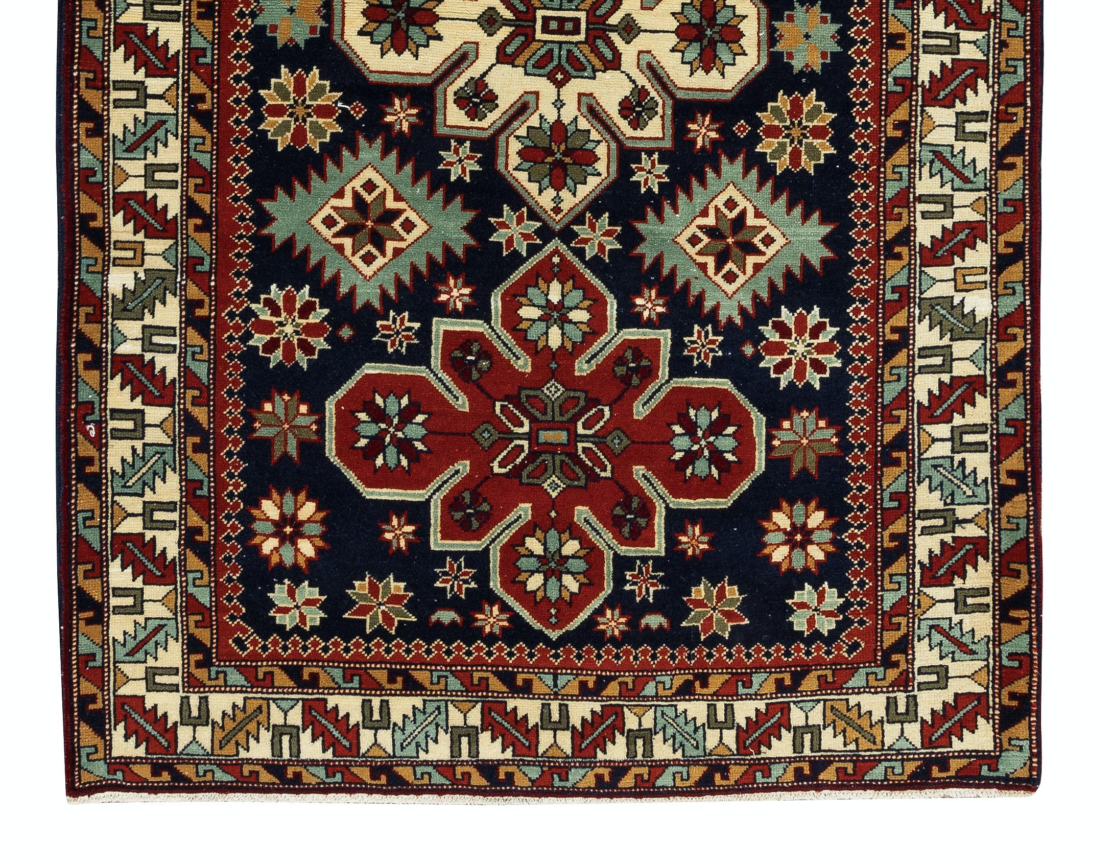Bohemian 3.5x5.7 ft Reproduction of an antique Caucasian Shirvan Rug. 100% Natural Wool For Sale