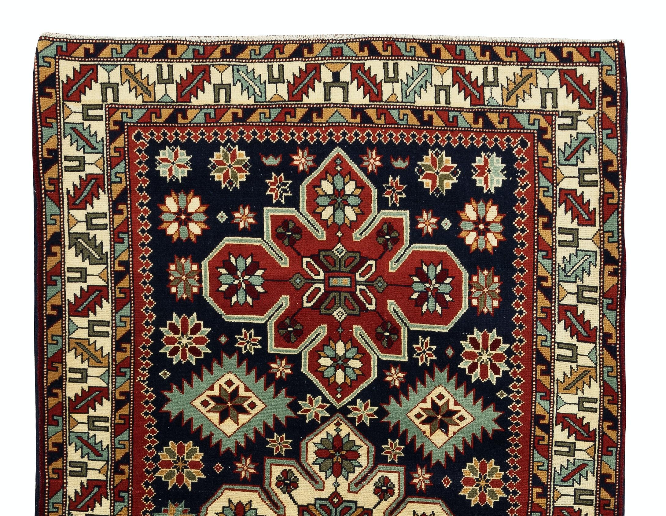 Turkish 3.5x5.7 ft Reproduction of an antique Caucasian Shirvan Rug. 100% Natural Wool For Sale