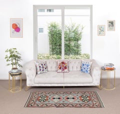 3.5x5.8 Ft Vintage Hand-Knotted Turkish Rug – Coral, Sage & Ivory Geometric Rug