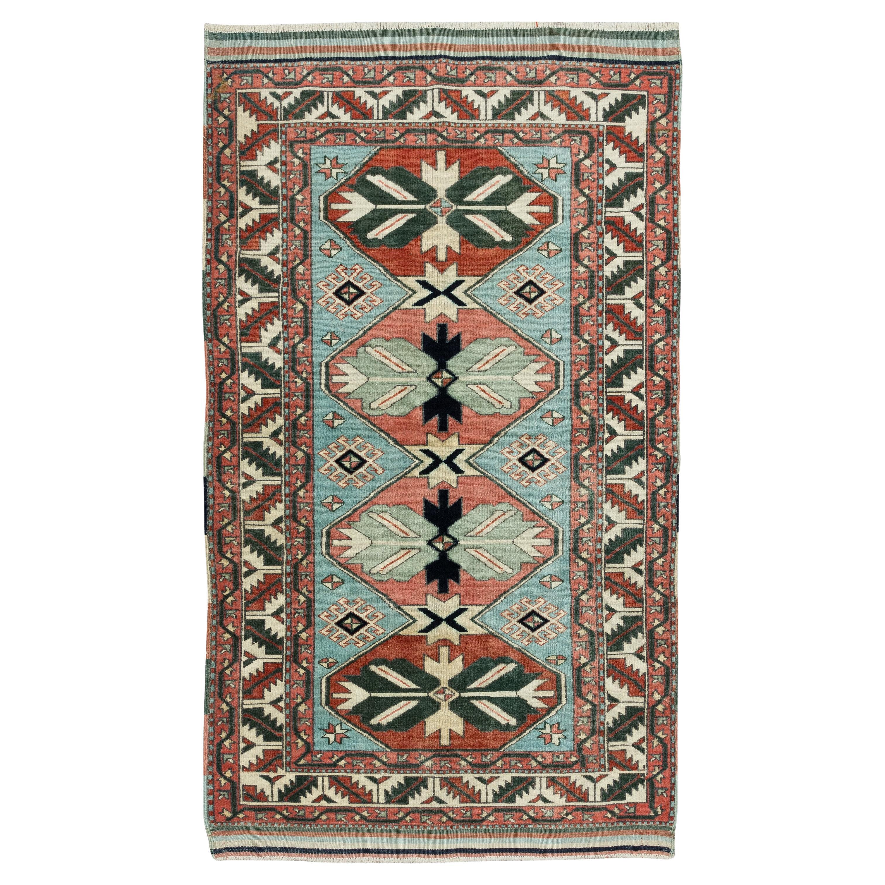 3.5x5.8 Ft Unique Vintage Turkish Handmade Geometric Wool Rug for Home & Office