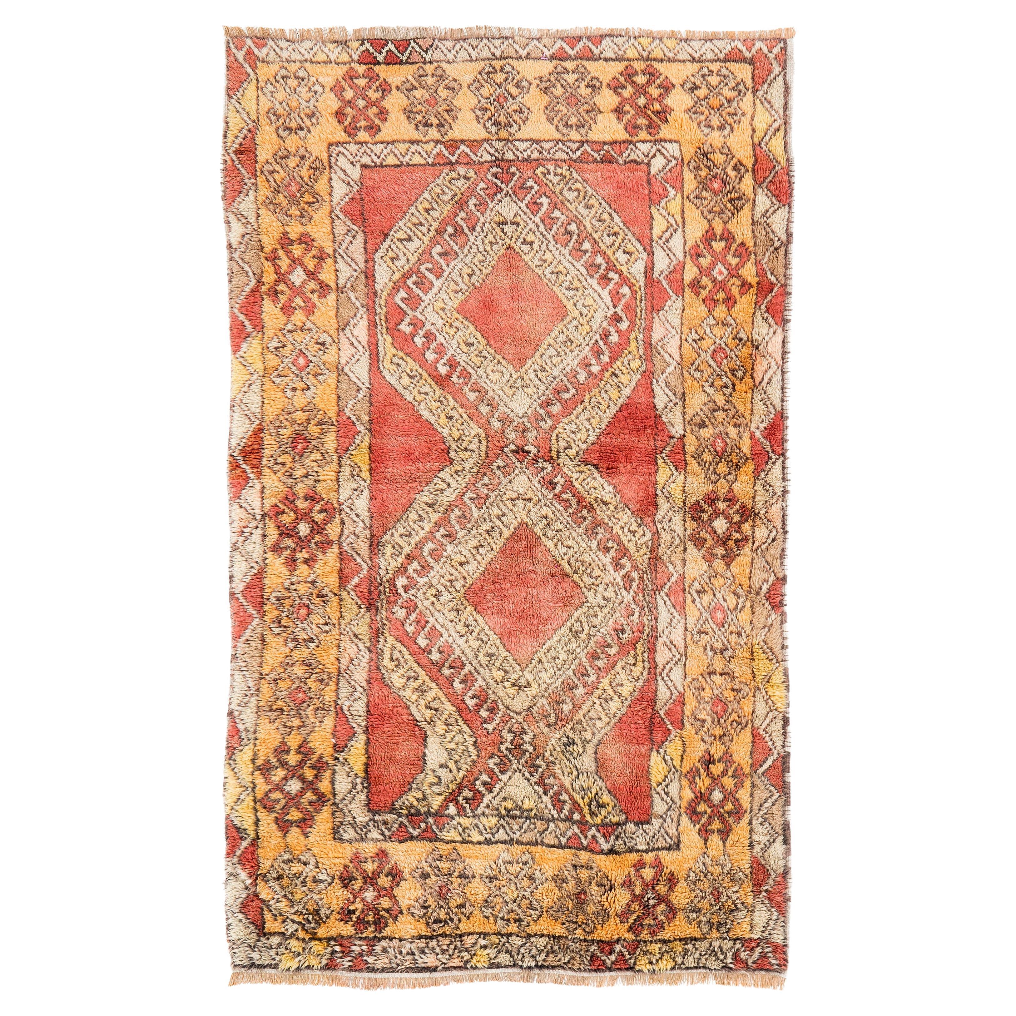 3.4x5.7 Ft Vintage Hand-knotted Turkish "Tulu" Accent Rug in Warm Red and Yellow